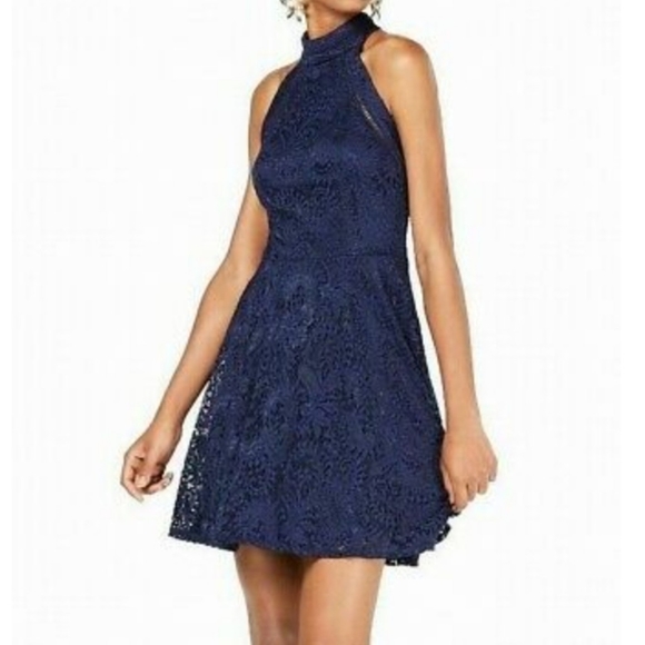 B. DARLIN Navy Blue Paisley Lace Halter Sleeveless Fit & Flare Dress 7/8 NWT - Picture 1 of 8